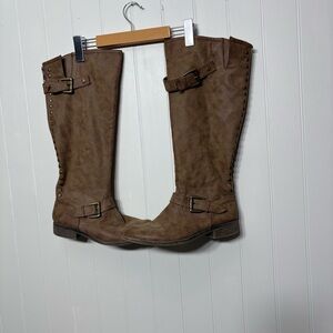 SHI by Journeys Brown Tall Riding Boots Studded Buckle Distressed Boho Moto 9